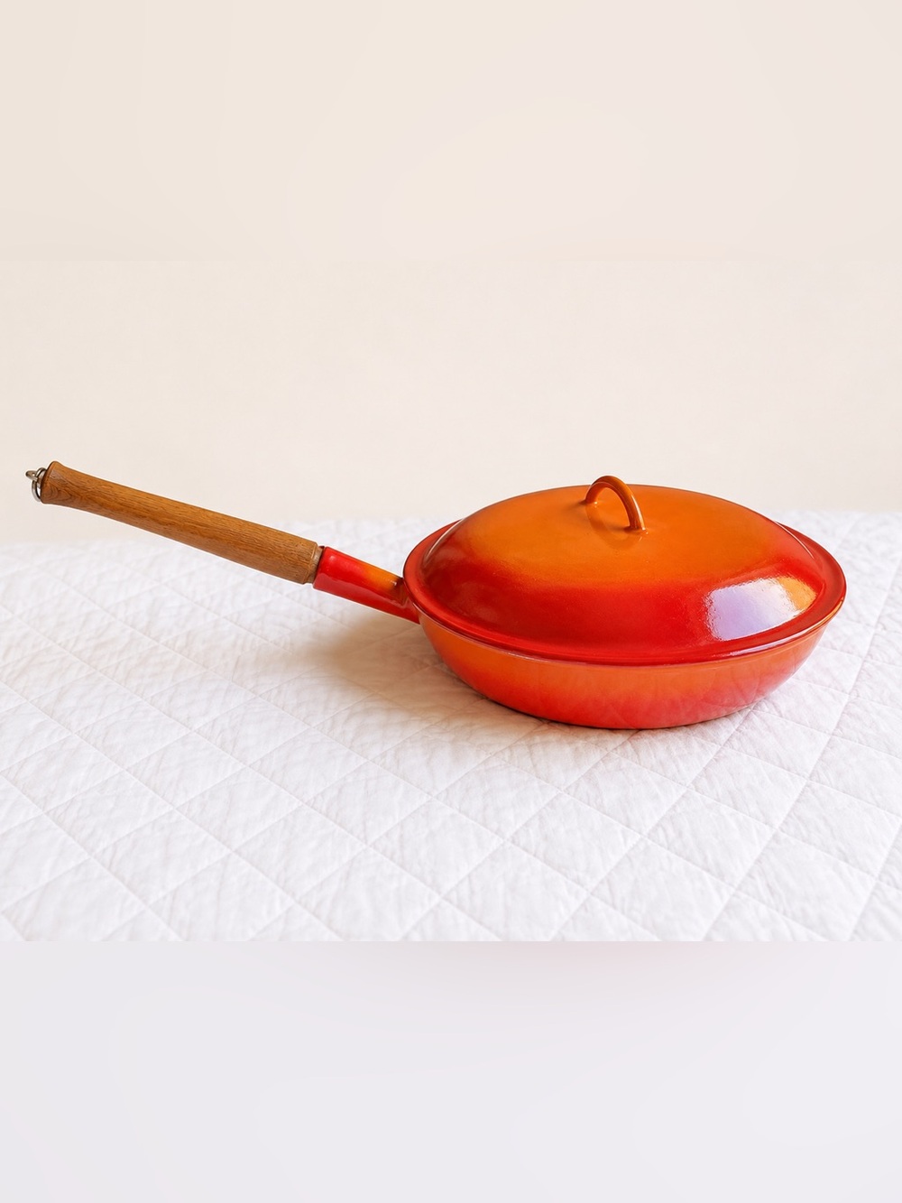 Vintage Belgian Orange Red Enamel Covered Skillet Fry Pan Wooden Handle 10.5”
